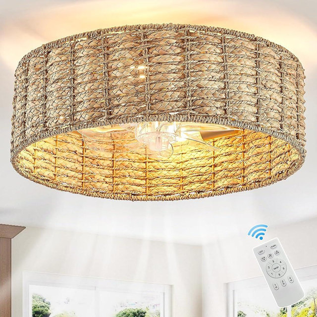 Jughtbo 0138-4H Handwoven Rattan Caged Boho Ceiling Fans with Lights Remote Control Flush Mount Fandelier Low Profile for Bedroom,4-Light,20"