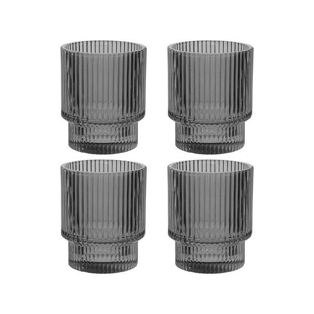 American Atelier Vintage Art Deco 9 oz. Fluted Drinking Glasses Set of 4, Old Fashion Tumbler for Cocktails, Ribbed Lowball Glass Cup, Smoke Grey