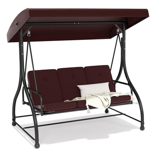 3-Seat Outdoor Patio Swing Glider - Heavy Duty Steel Frame with Adjustable Canopy & Removable Cushions - All Weather Porch Swings Chair for Backyard, Garden, Poolside - Brown