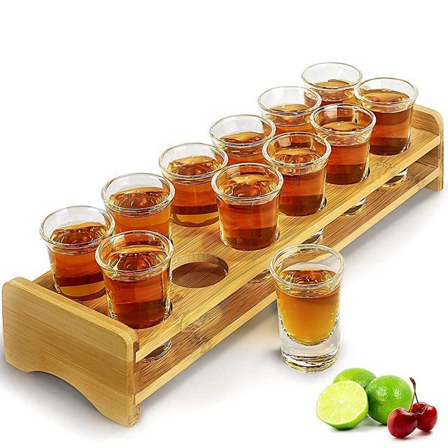 Supwinnet Shot Glasses Set 12pcs 30ml/1oz Shot Glass Tray Holder Straight Thick Base Clear Whiskey Tequila Glass Cups for Liqueurs Party Club Home Bar Drinking Gift (Set of 12)