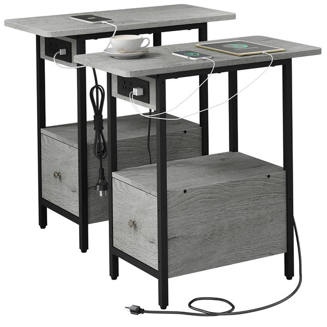 LIDYUK End Table with Charging Station, Narrow Side Table with Drawer and USB Ports & Power Outlets, Nightstand Bedside Tables for Small Spaces, Bedroom, Living Room, Light Grey, Set of 2