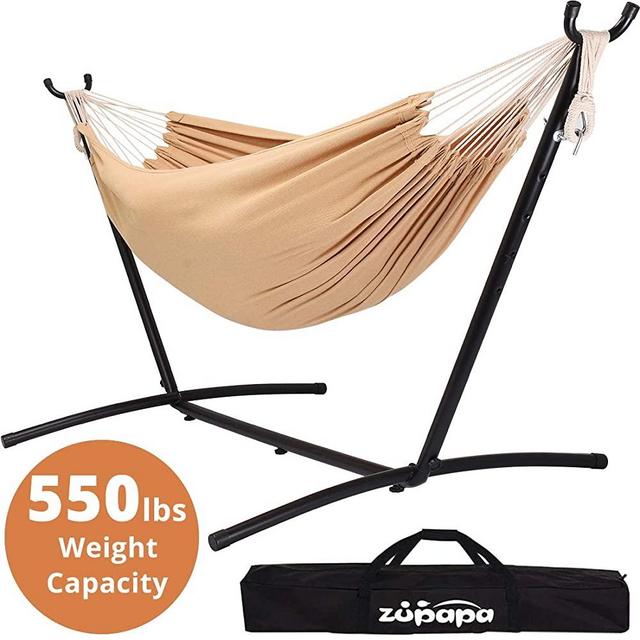 Zupapa Double Hammock with Stand, 10ft Hammock Frame 550lbs Capacity, 2 People Hammock Combo for Backyard Patio Indoor Outdoor (Desert Sand)