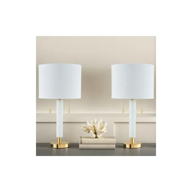 Maxax White Marble Sand Table Lamp Set of 2 with USB Ports, Modern Bedside Lamps for Living Room, Bedroom, White