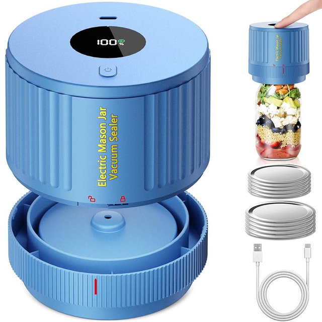 LOVE MOMENT Electric Mason Jar Vacuum Sealer Kit for Wide Mouth and Regular Mouth Mason Jar - Blue
