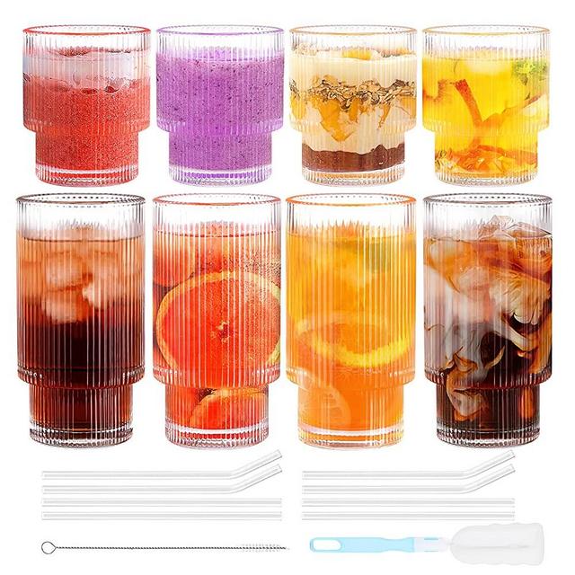 Qmioti Ribbed Glassware with Straws 12oz, 8 Pack Ribbed Glass Cups, 4 Highball Glasses & 4 Rocks Glasses, Ribbed Drinking Glasses for Whiskey, Cocktails, Beer, Iced Coffee Tea for Cute Gifts