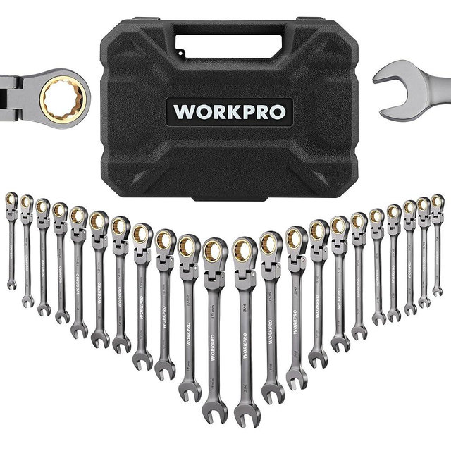 WORKPRO 22-Piece Flex-Head Ratcheting Wrench Set, Ratchet Combination Wrench Sets with Organizer Box, Nickel Plating, 72 Teeth, Metric 6-18mm & SAE 1/4-3/4"