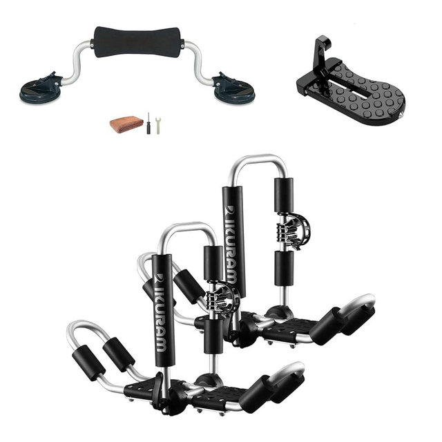Kayak Roof Rack, Aluminum Kayak Carrier Folding J-Style Universal 4-in-1 Multifunction with Kayak Roller and Car Door Step for Canoe, SUP, Kayaks, Surfboard Rooftop Mount on SUV Car Truck Crossbars