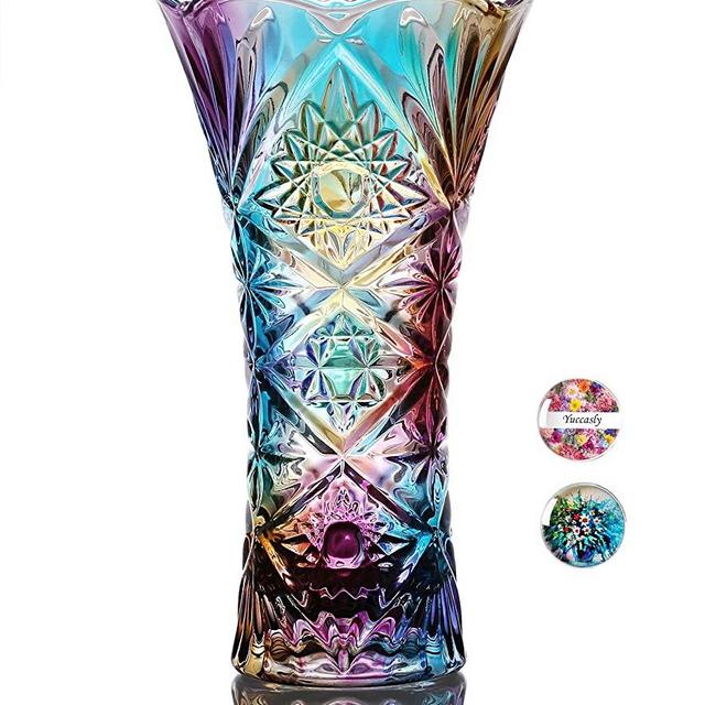 Yuccasly Crystal Glass Colorful Vase,Glass Flower Vase Decor for Home Dining Table Living Room,Office Wedding Holiday Party,Handmade Pattern(Sun Flower)