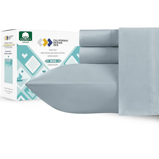 California Design Den - Luxury 100% Cotton Sateen Buttery Soft 800 Thread Count Bed Sheet Set, Beats Fake Egyptian Claim, Durable Deep Pocket Fitted Sheet (Queen, Pastel Blue - Steel)