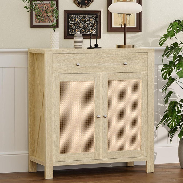 MECHYIN 31" Buffet Cabinet with Storage, Rattan Decor Doors, Sideboard Cabinet with Doors & Adjustable Shelves, Ideal for Entryway, Kitchen & Living Room