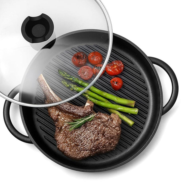 Moss & Stone Nonstick Grill Pan for Indoor Cooking 12", The Whatever Pan Cast Aluminum Griddle Pan for Stove Top Dishwasher & Oven Safe, Induction Grill Pan with Lid with Silicone handles PFOA Free