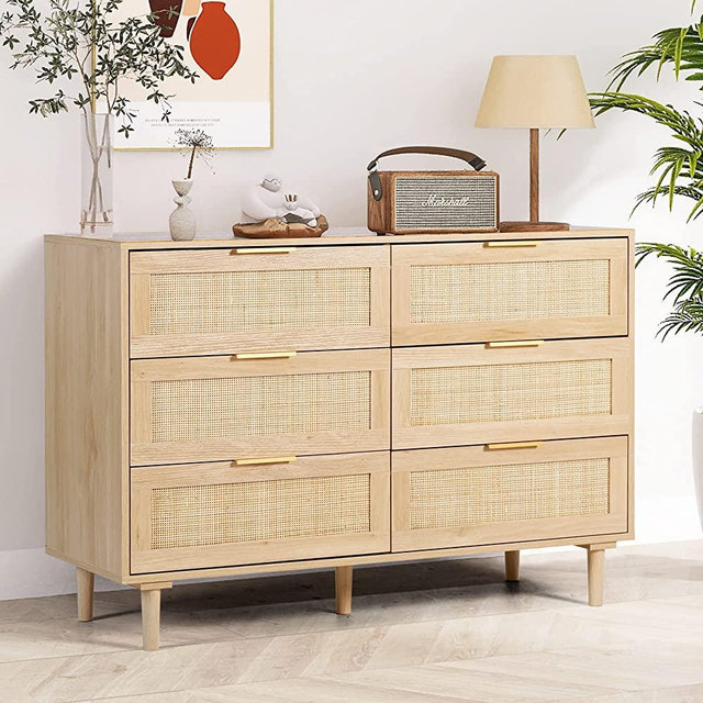 FUQARHY 6 Drawer Dresser Rattan Dresser Modern Chest with Drawers,Wood Storage Closet Dressers Chest of Drawers for Kids Bedroom,Living Room,Hallway (Natural)