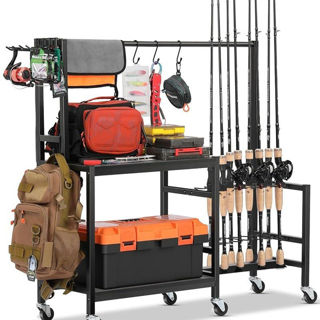 EXTCCT Fishing Rod Holders for Garage, Fishing Pole Rack Holds Up to 16 Rods with Hooks, Heavy Duty Rolling Fishing Cart with Wheels, Fishing Equipment Storage for Man's Gift (Black)