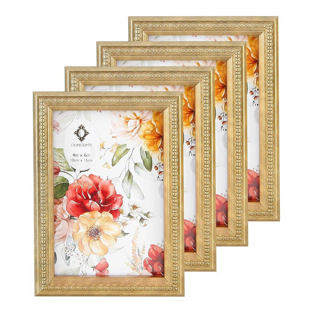 Concepts 4x6 Set Of 4 Gold Ornate Beaded Resin Picture Frames With HD Clear Glass, Extra Durable Photo Frames - Display Wallhung/Tabletop Vertically Or Horizontaly