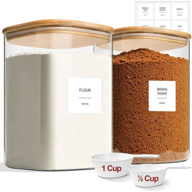 KTMAMA 2-Pack 1 Gallon Square Glass Flour and Sugar Containers with Lids, Large Airtight Pantry Jars for Baking - Glass Canisters with Scoops & Labels for Bulk Food