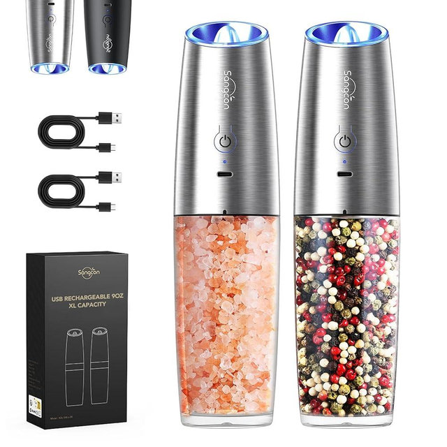 𝐔𝐩𝐠𝐫𝐚𝐝𝐞𝐝 Rechargeable 9oz Sangcon Gravity Electric Salt and Pepper Grinder Set Shaker XL Capacity - USB-C No Battery Needed One Hand Operation Adjustable Coarsenes Automatic Mill