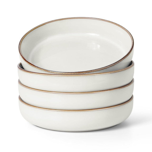 Herogo Pasta Bowls Set of 4, Stoneware Large 37 Ounce Plates and Bowls Sets, Wide Shallow Salad Serving Soup Cereal Bowls, Microwave & Dishwasher Safe, Ivory White