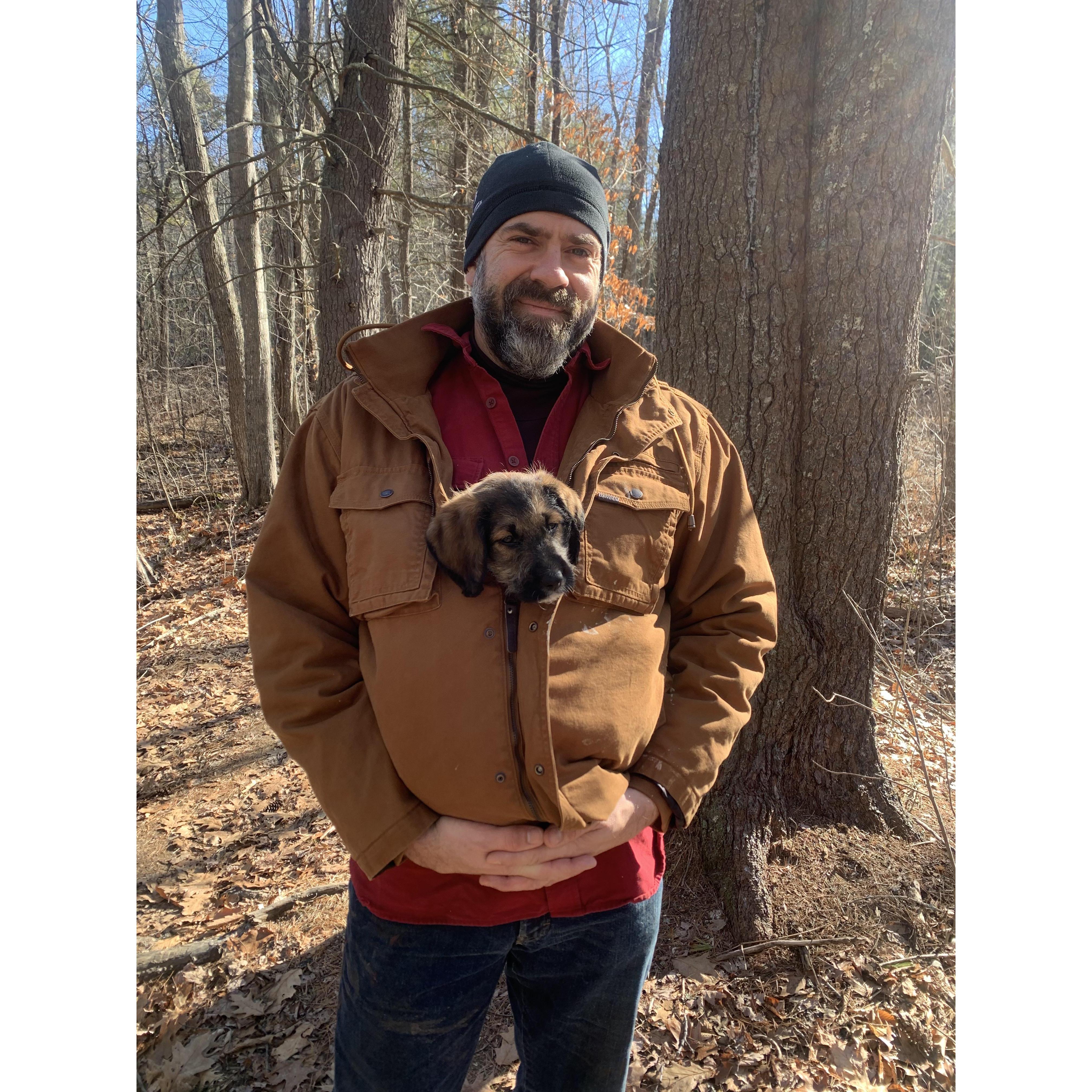 Rocky was born in November and during our winter walks he insisted on being carried in our jackets. Now he is huge and we wish we could still carry him like this!