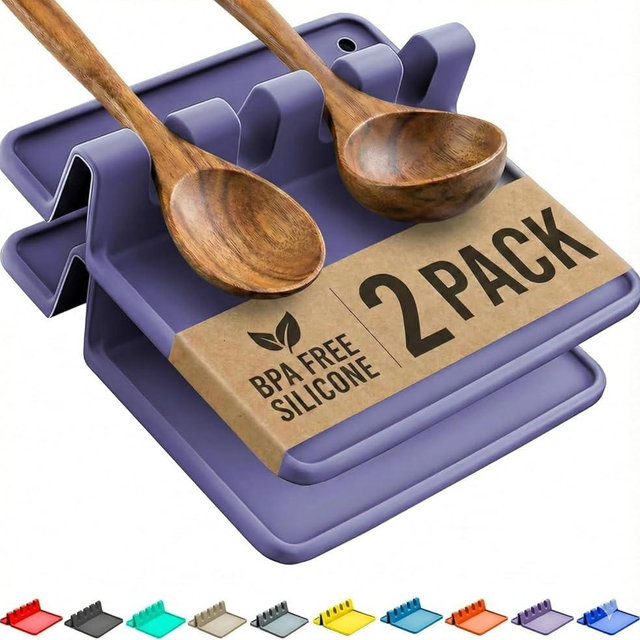 Cooler Kitchen Silicone Spoon Rest for Stove Top with Drip Pad (Two Pack) - Heat Resistant BPA Free Utensil Rest & Spoon Holder for Kitchen Counter - Grill Utensil Holder - Spatula Holder, Purple