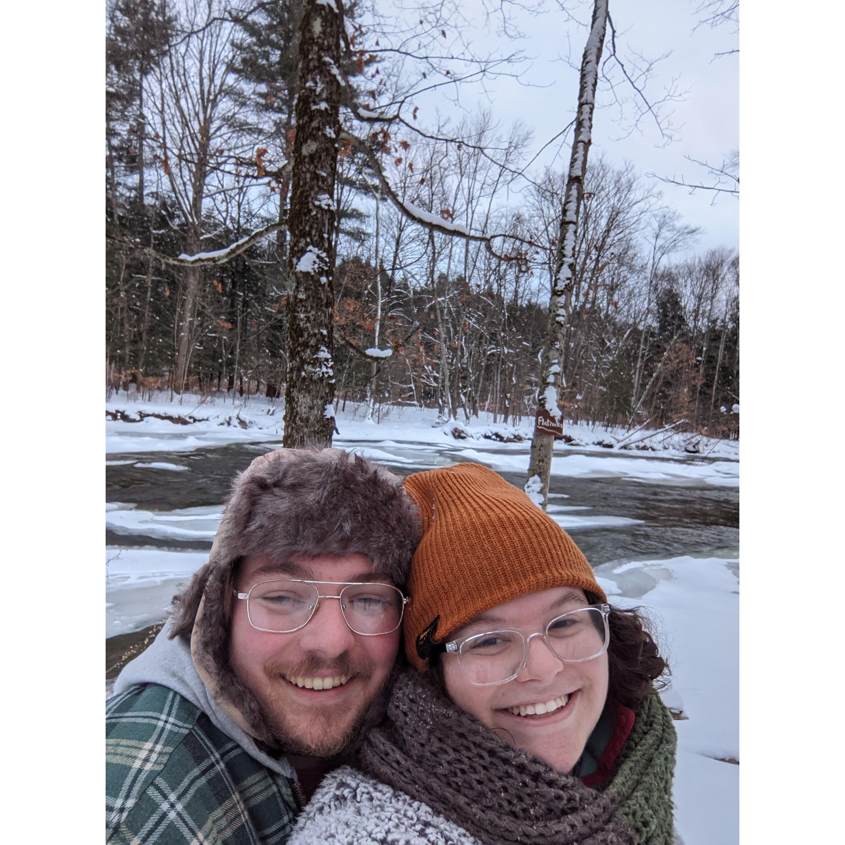 At a snowy cabin near the ADK where Lucas gifted Chessie a romantic Airbnb weekend for Christmas!