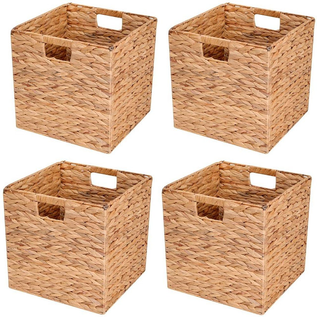 YJGYP9F Water Hyacinth Storage Baskets,Woven Bins for Bathroom, Bedroom, Laundry, Pantry, Shelves,Set of 4 Foldable Cube Organizers, 11.2"x11.2"x11.2"