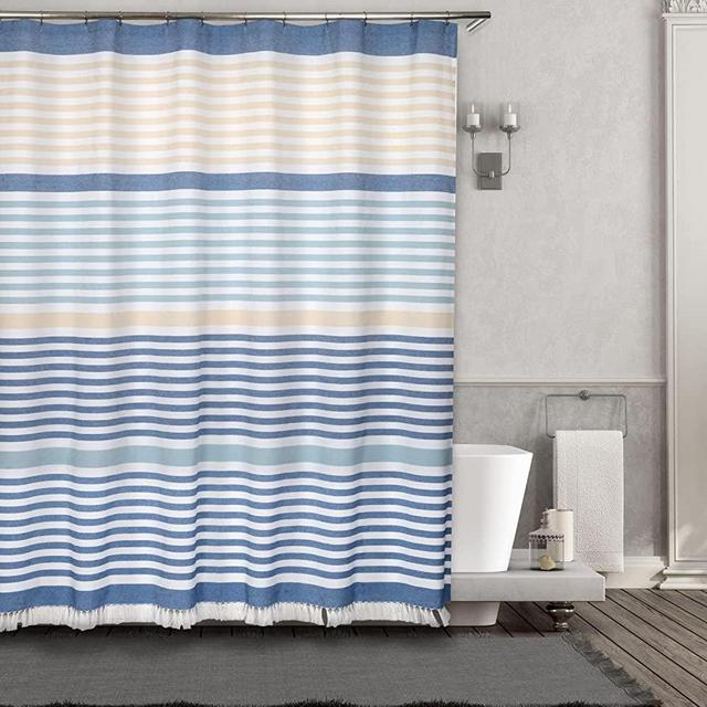 Home Maison Horizontal Multi-Stripe with Tassel Design Polycotton Fabric Shower Curtain, Trendy and Chic Style for Bathroom Décor, 72" x 72"