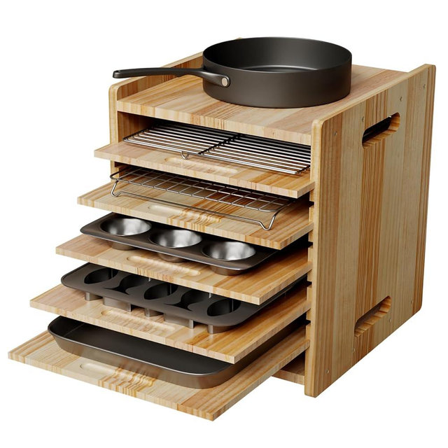 HAIDAIYA 7 Tiers Cookie Sheet Organizer for Cabinet, Wooden Tray Dividers for Kitchen Cabinets Baking Sheet Pan Organizer, for Heavy Pans, Cutting Board, Bakeware, Kitchen Cupboard Storage, Solid Wood