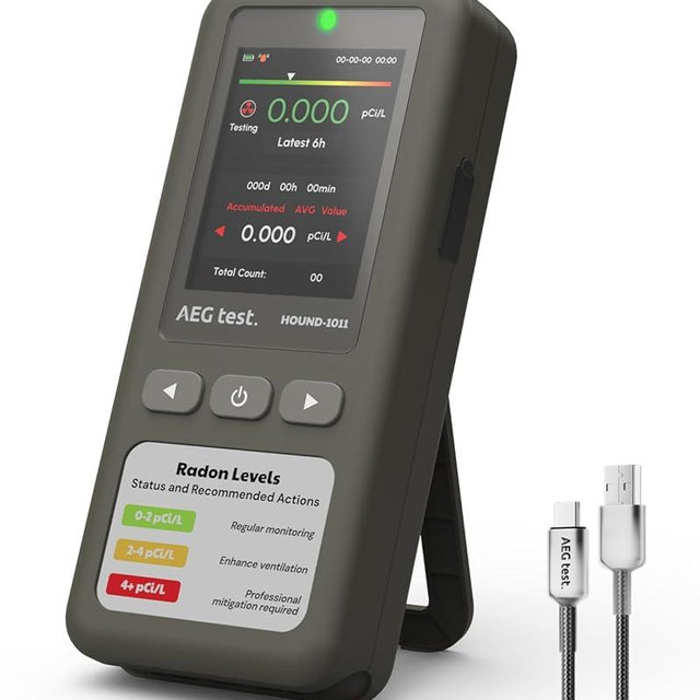 AEGTEST HOUND-1011 Portable Radon Detector for Home, Lightweight, High-Accuracy Sensor, 45-Day Monitoring, Easy-to-Use Radon Tester, Short- & Long-Term in pCi/L or Bq/m³ for Basement – Gray