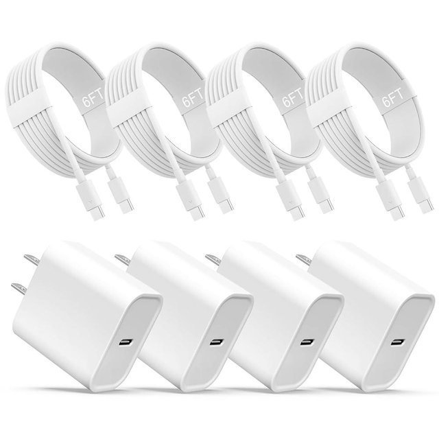 iPhone 17 16 15 Charger, USB C Charger, 4-Pack Fast Wall Charging, USB-C Chargers Block (4-Pack 6 ft Cable Included) for iPhone 17/16/15/15 Pro/15 Pro Max/iPad Pro/AirPods Samsung & More