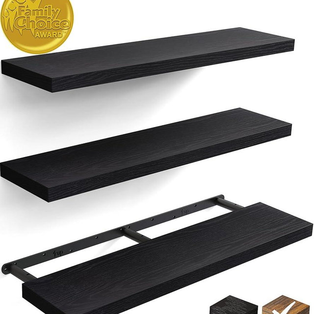BAYKA Floating Shelves for Wall, 36 inches Wall Mounted Rustic Wood Shelves for Bathroom, Bedroom, Living Room, Floating Shelves for Books/Storage/Decor with 22lbs Capacity（Black,Set of 3
