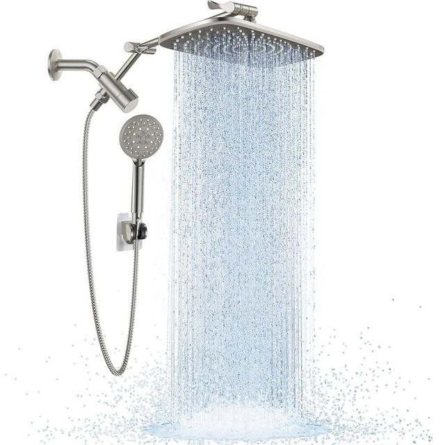 Veken Brushed Nickel Wide Rain Shower Head with 6 Modes Handheld Water Spray, High Pressure Showerhead Combo with Arm, Adjustable Dual Shower with Anti-Clog Nozzles
