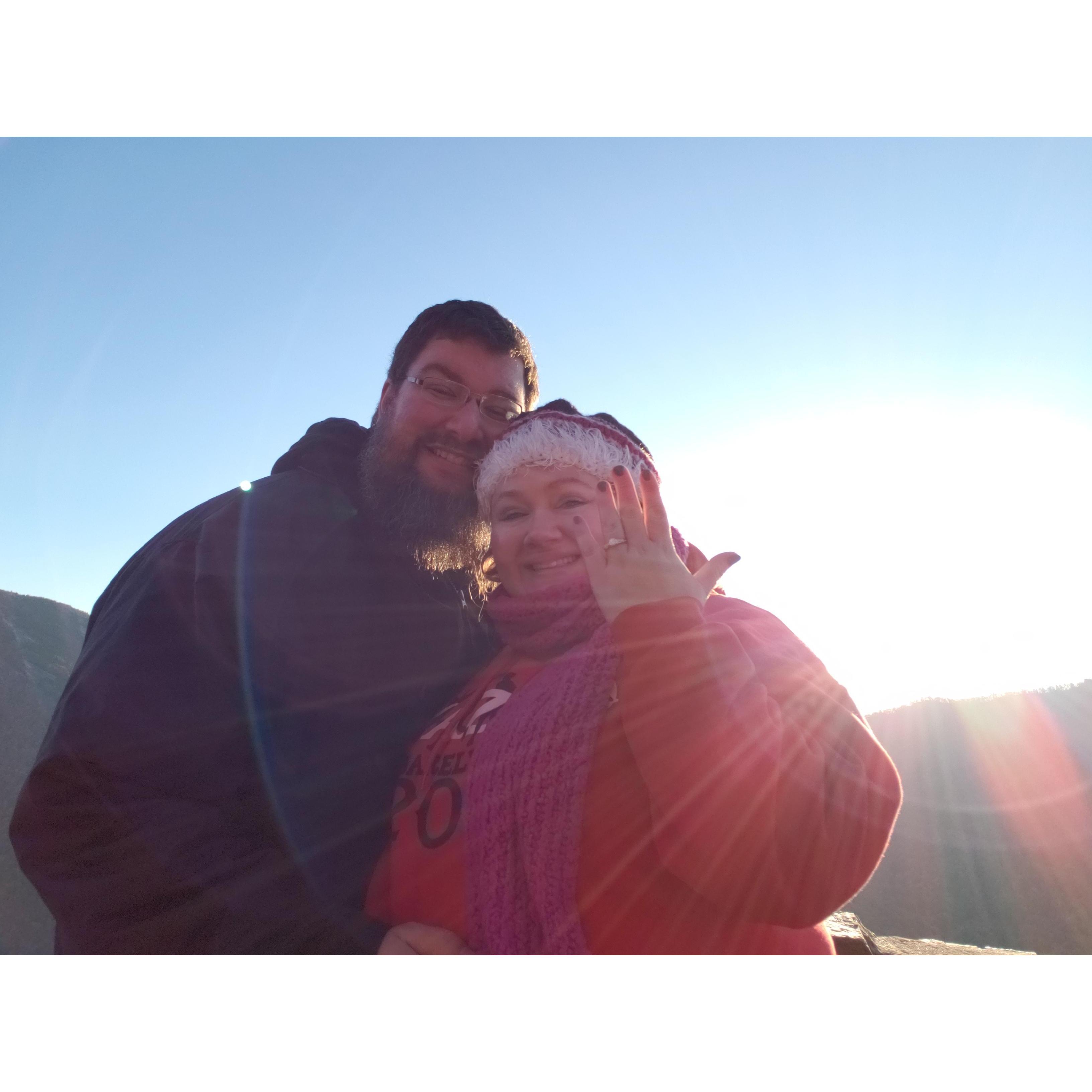 Right after Kevin's perfect proposal, watching the sun rise between the mountains over Linville Gorge