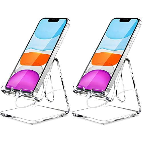 Crpich Acrylic Cell Phone Stand, Portable Phone Holder, Clear Phone Stand for Desk, Compatible with Phone 13 12 Pro Max Mini 11 Xr 8 Plus SE, Switch, Android Smartphone, Pad, Desk Accessories, 2 Pack