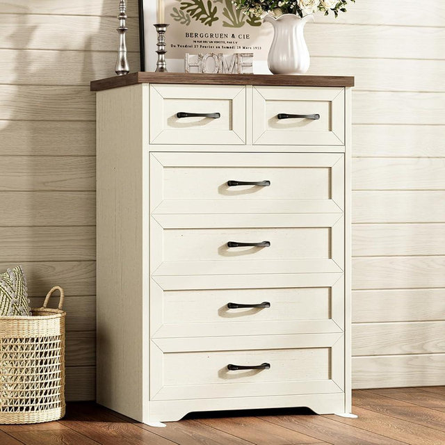 AODK Farmhouse Tall 6 Drawer Dresser for Bedroom, 5-Tier Vertical Storage Chest with Mixed Drawers, Engineered Wood Frame with Anti-Tip Safety, American Country Furniture, Walnut & Vintage White