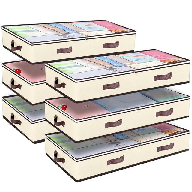 Budding Joy 6 Pack 90L Under bed Storage Containers Organizer Large Capacity Underbed Clothes Storage Bins Organization and Storage Bedroom Foldable Storage Bags with Clear Window Beige