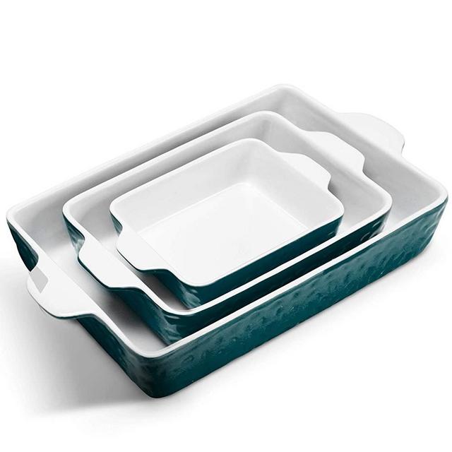 IPOW 3-Piece Ceramic Baking Dish, Value Three Pack Thick Porcelain Rectangular Oven to Table Bakeware Cookware Set Casserole Dishes Lasagna Pans for Cooking & Serving, Dishwasher Safe (Dark Green)