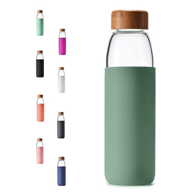 VEEGOAL 25oz, 18oz Borosilicate Glass Water Bottles with Bamboo Lid, BPA-Free Non-Slip Silicone Sleeve, and Bonus Stainless Steel Leak Proof Lid- Reusable Glass Water Bottle for Women and Men