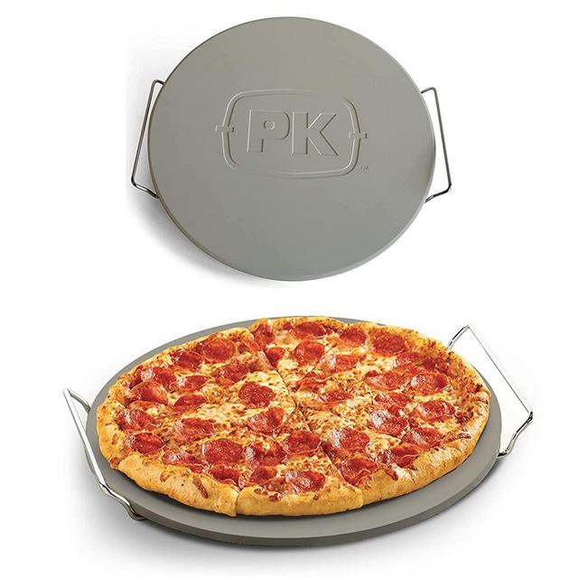 PK Grills Pizza Stone, 14-inch Round Ceramic Baking Stone for Oven, Grill, Pies, Pastry Bread, BBQ, Thermal Shock Resistant, Large, Includes Rack, PK99070