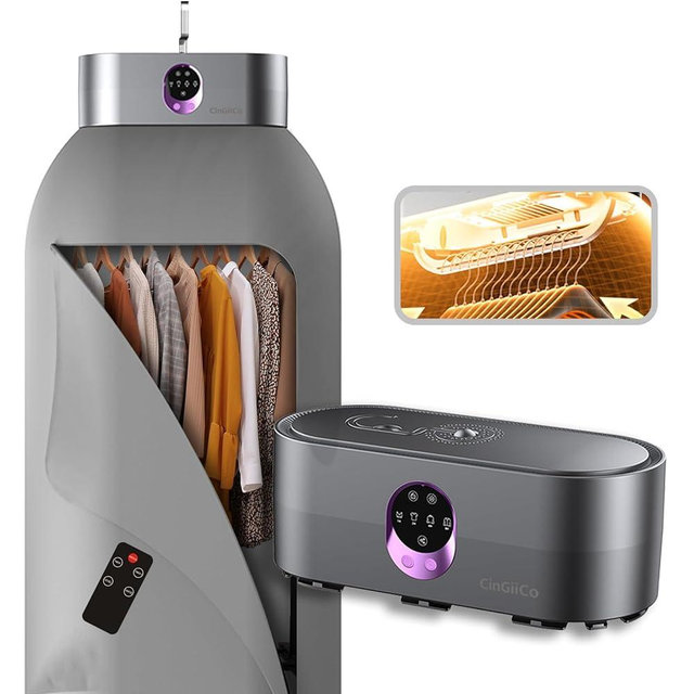 CinGiiCo Portable Clothes Dryer, Clothes Dryer hold 9-12 Items, With Time Setting、Remote Control, Portable Dryers For Laundry, Apartments, RV, Travel, Low noise、Energy Saving (Grey)