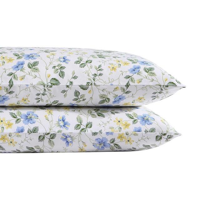 Laura Ashley Home - Standard Pillowcase Set, Cotton Sateen Bedding, Smooth & Wrinkle-Resistant (Meadow Floral Blue/Yellow, 2 Piece)