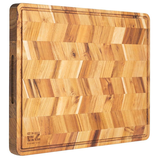 EZ FURNITURE 24 x 18 Inch Extra Large Herringbone Teak Cutting Board, Wood Cutting Board with Juice Groove and Handles, Reversible, Suitable for Chopping Meat, Vegetables, Aesthetics for The Kitchen