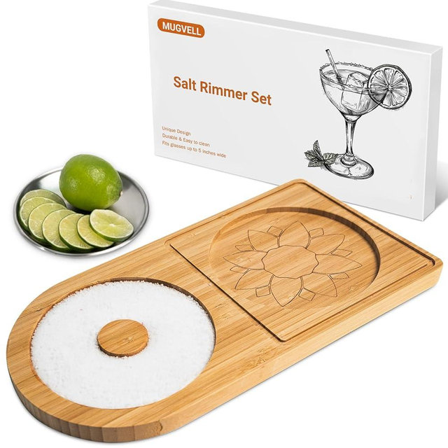 Mugvell Margarita Salt Rimmer Set,Wood Glass Rimmer,Bartender Tool for Cocktail and Margarita,Sugar and Salt Rimmer for Wide Glasses up to 5.1 Inches,Stainless Steel