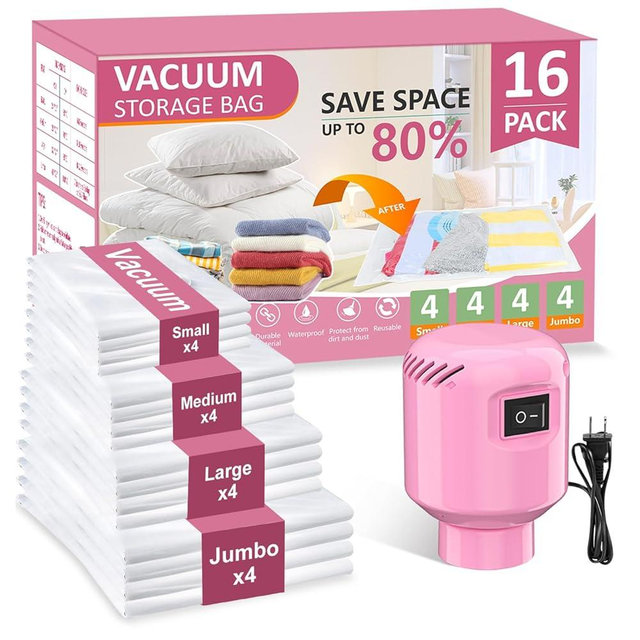 Vacuum Seal Bags for Clothing Travel, 16 Pack Space Saver Vacuum Storage Bags with Electric Pump,Portable Compression Sealer for Clothes,Blankets,Bedding & Travel Essentials,Good for Luggage Packing