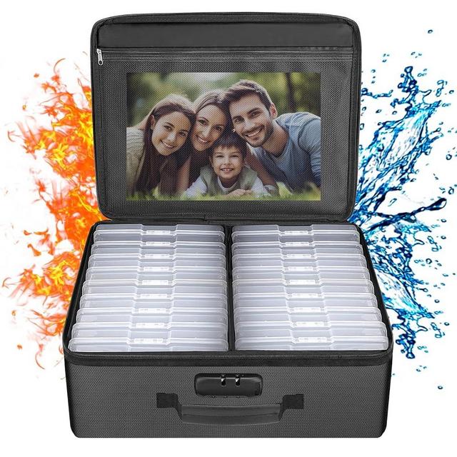 ENGPOW Photo Storage Box with 18 Inner 4" x 6" Photo Case(Clear),Fireproof Photo Organizer Box with Lock,Collapsible Portable Photo Storage Containers with Handles for Photos,Picture,Valuables