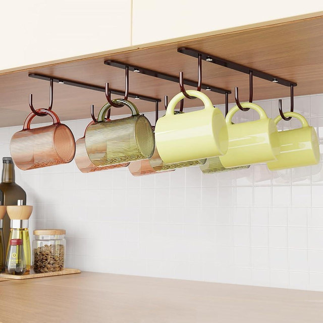 Luckinow 3 Pack Mug Hooks Under Cabinet, Coffee Mug Holder for Hanging Under Shelf, Cup Hanger with 9 Hooks for Displaying Mugs, Coffee Cups and Kitchen Utensils, Brown