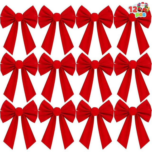 JOYIN 12 Pack Christmas Red Velvet Bows, 13" Long by 9" Wide Decorative Christmas Bows for Wreath Garland Tree Decor, Indoor Outdoor Holiday Decorations