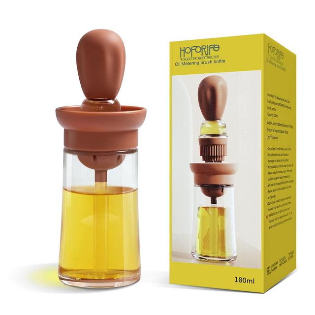 HOFORIFE Glass Olive Oil Bottle And Brush 2 In 1, Silicone Dropper Measuring Oil Dispenser Bottle Kitchen Cooking Baking BBQ Grill Vinegar Turkey Basting Pastry Brushes
