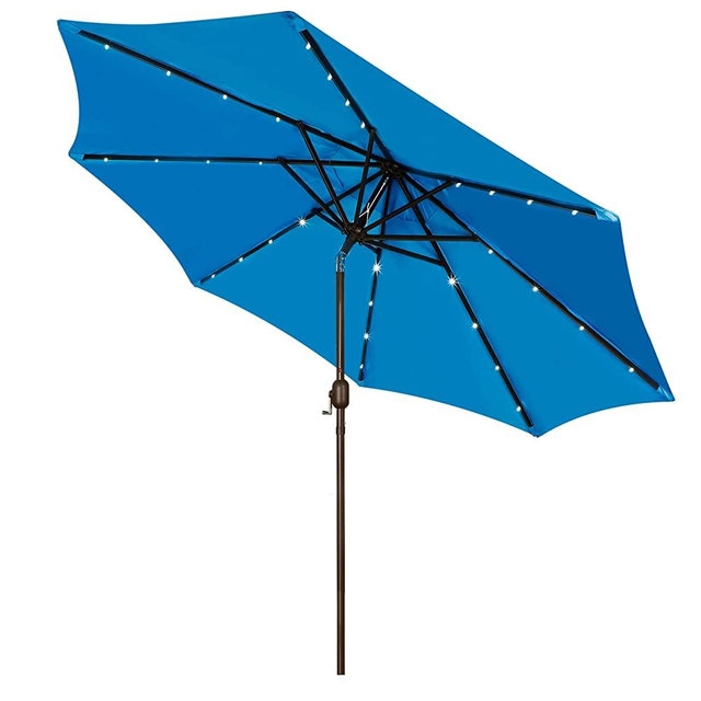 Blissun 9 ft Solar Umbrella 32 LED Lighted Patio Umbrella Table Market Umbrella with Tilt and Crank Outdoor Umbrella for Garden, Deck, Backyard, Pool and Beach, Light Blue
