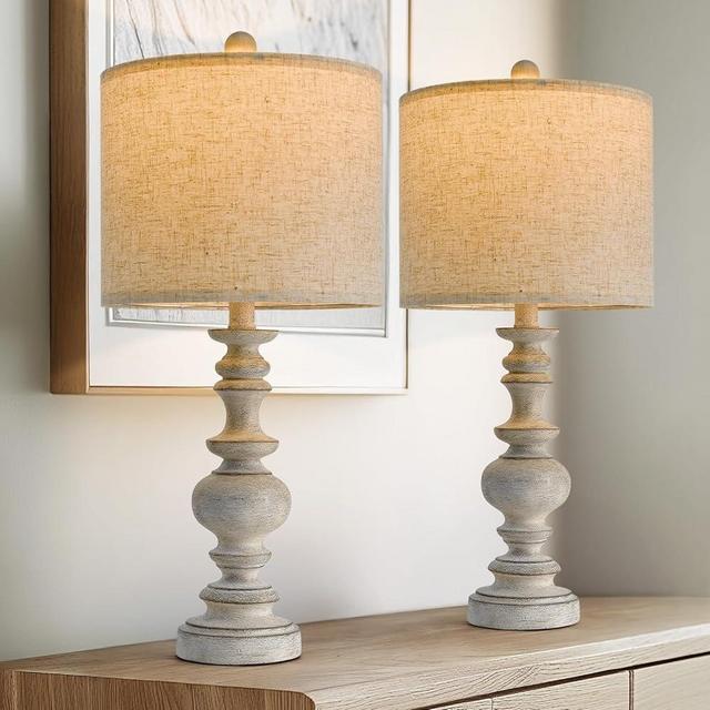 BOBOMOMO 24" Farmhouse Retro Table Lamp Set of 2, Traditional Resin Lamps for Living Room Bedroom, Vintage Bedroom Lamps with Linen Shades, Rustic Table Lamps for Living Room, Nursery, Office