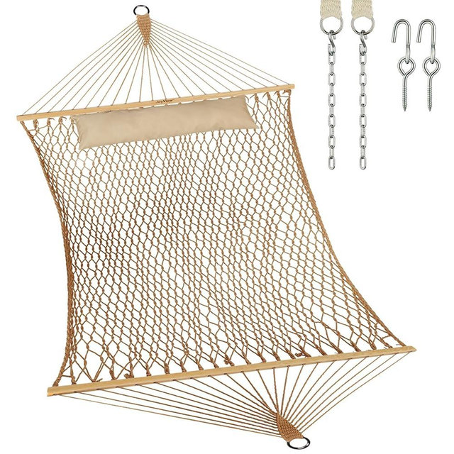 JoyView Traditional Rope Double Hammock - Hand Woven Cotton Hammock with Hardwood Spreader Bar and Pillow 450lb Capacity for Outdoor Indoor Patio Yard - Brown
